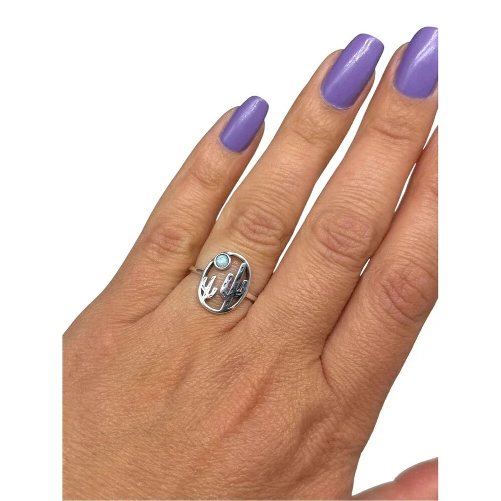 Fire Opal Cactus Ring Size 6 Solid 925 Sterling Silver Cacti Desert Scene